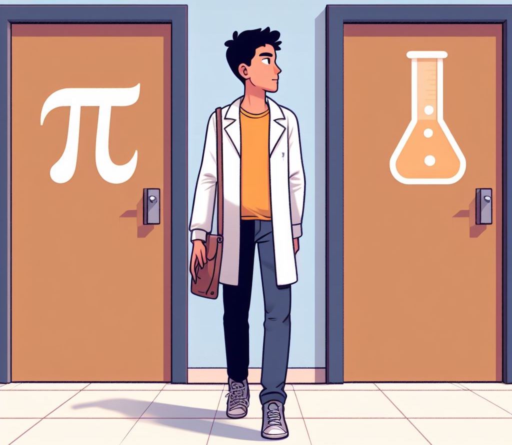 Un étudiant devant deux portes représentant nos deux filières.